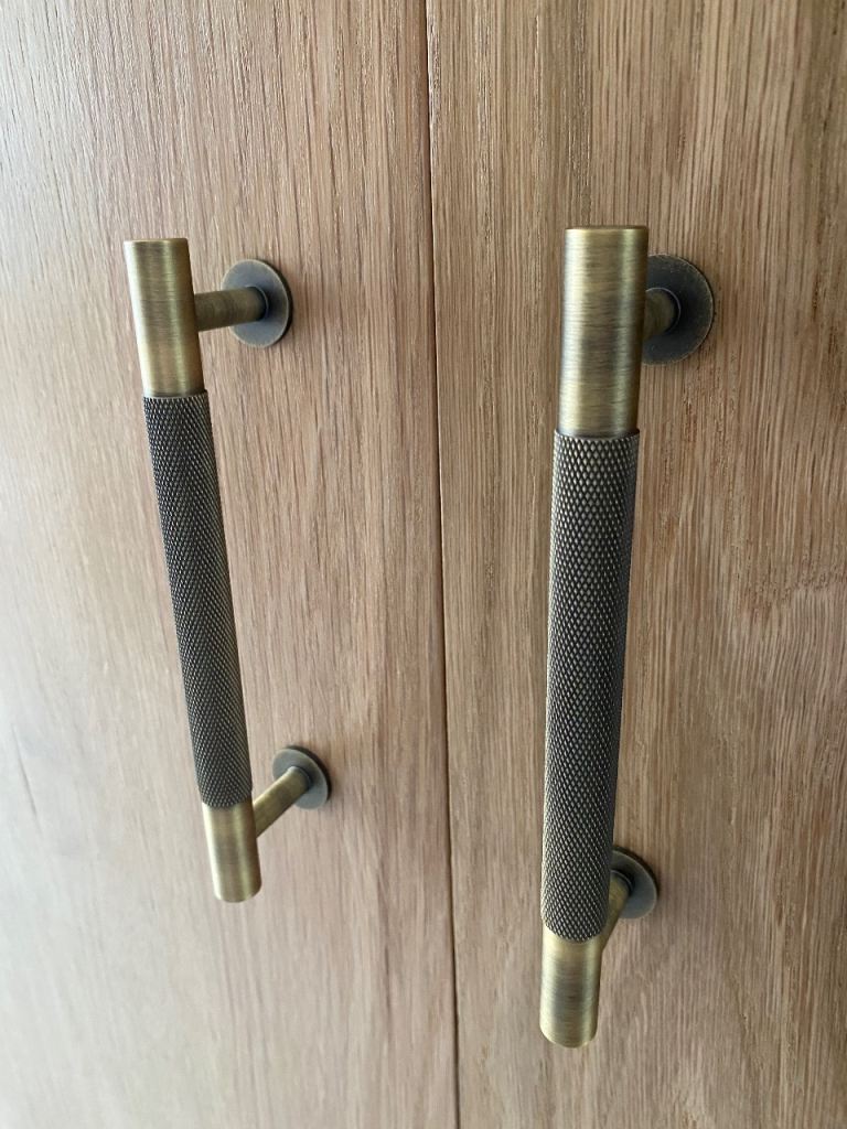 Antique brass kitchen door hardware- t-bar knobs and pull handles 