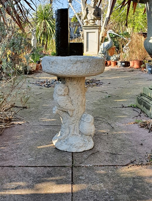 Cast Birdbath with Two Owls on a Tree