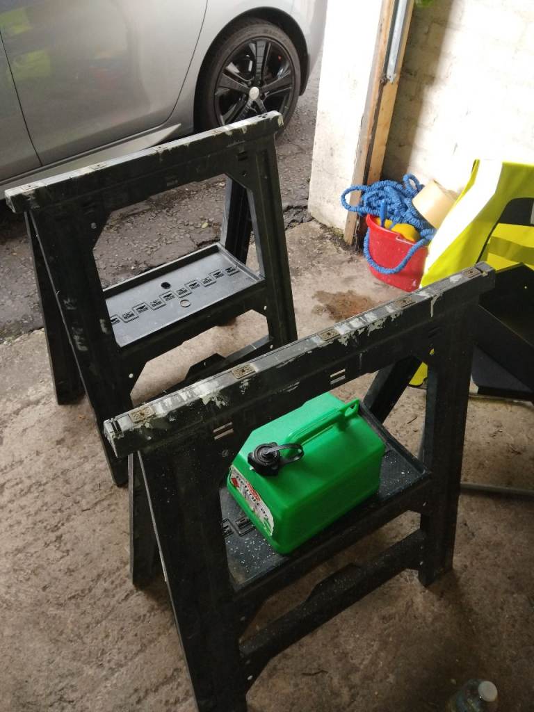 Pair of Sturdy Black Plastic Saw Horses / Trestles – Fair Condition