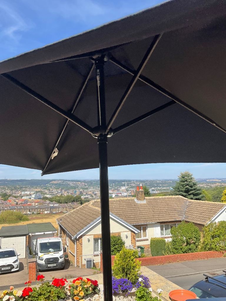 Black Garden Parasol with Base – Good Condition