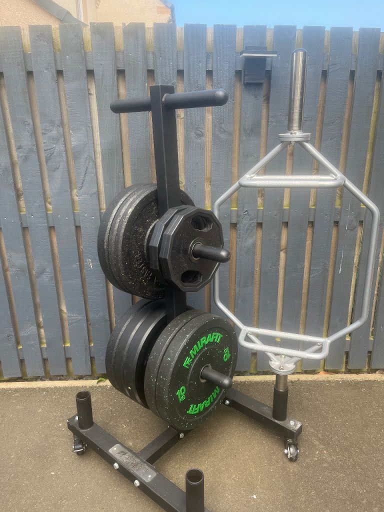 Olympic weight plates, stand and hex bar