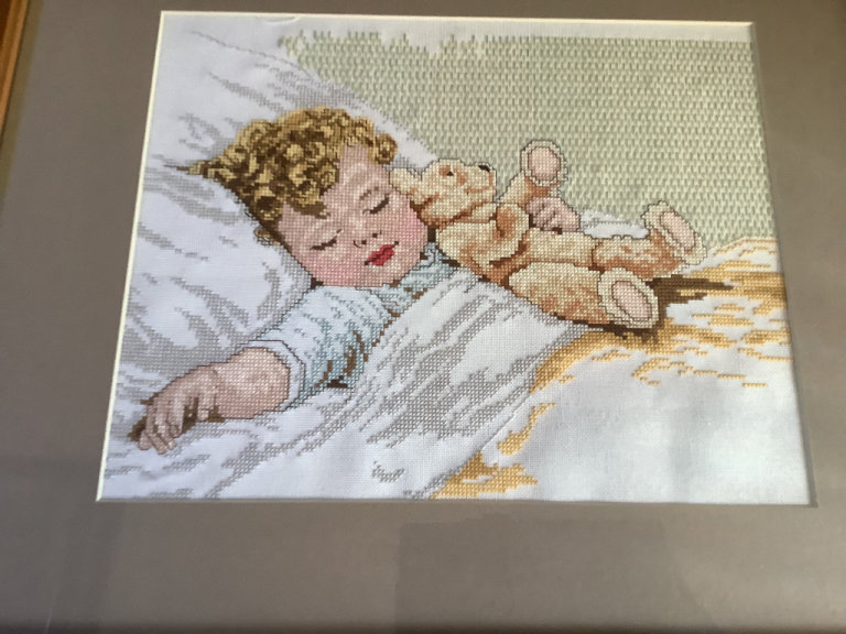 Large Wooden Framed Cross Stitch Sleeping Baby & Teddy
