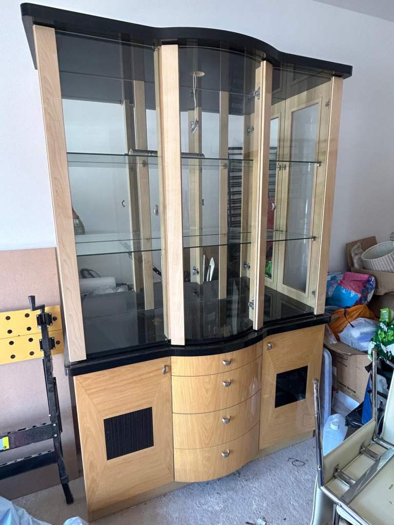 FREE. Large Wooden Display Cabinet with Glass Doors and Drawers