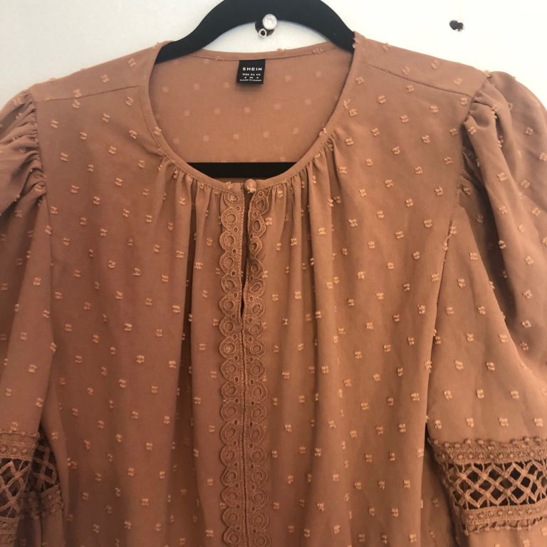 SHEIN Brown Swiss Dot Dress with Crochet Details – Good Condition