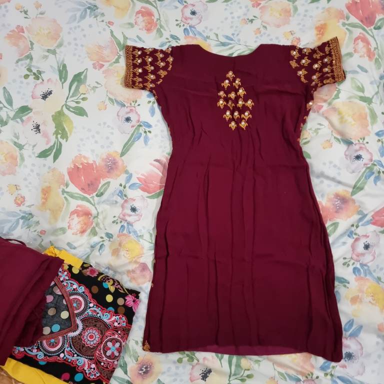 Small Maroon diamonte dress. Heavy salwar. Short kameez. Asian dress. Kurti. Wedding party