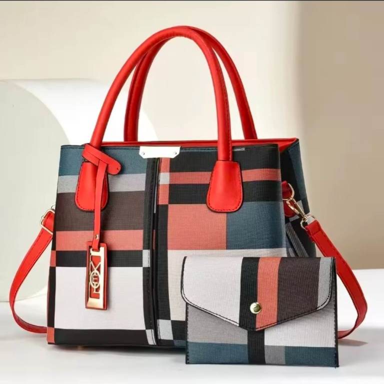 Large Capacity Plaid Handbag Women Red Tote Shoulder Bag w/ Wallet