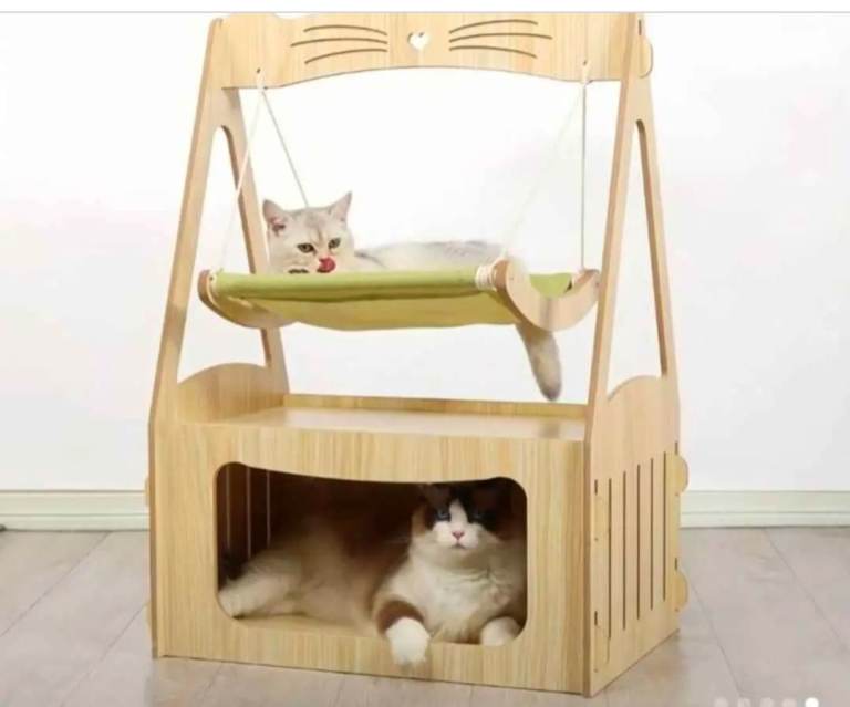 New Wooden Cat House with Hammock Bed - 81cm Tall
