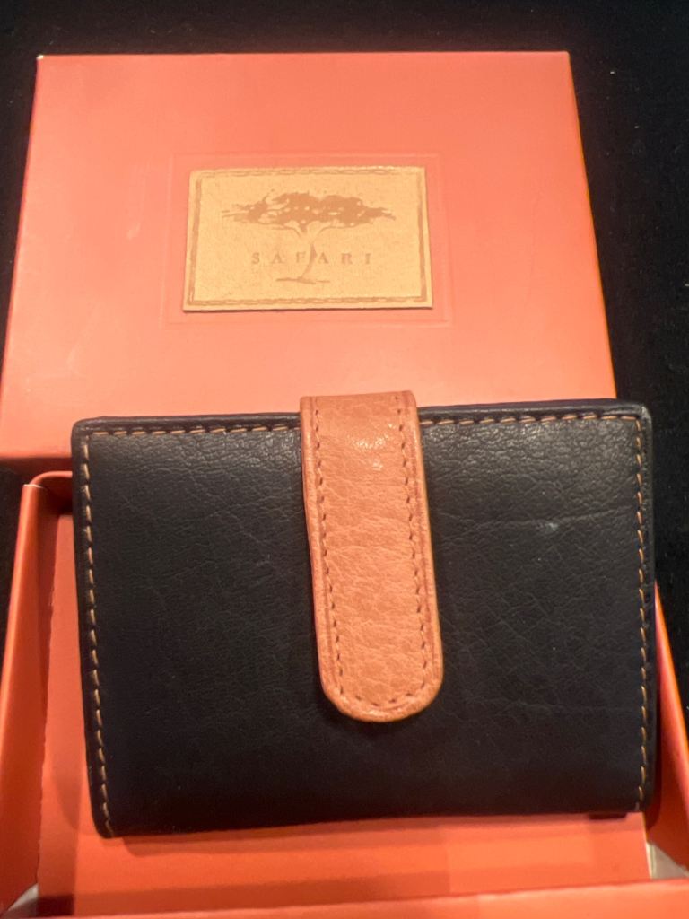 BAKARI Black Leather Wallet with Tan Strap - New in Box
