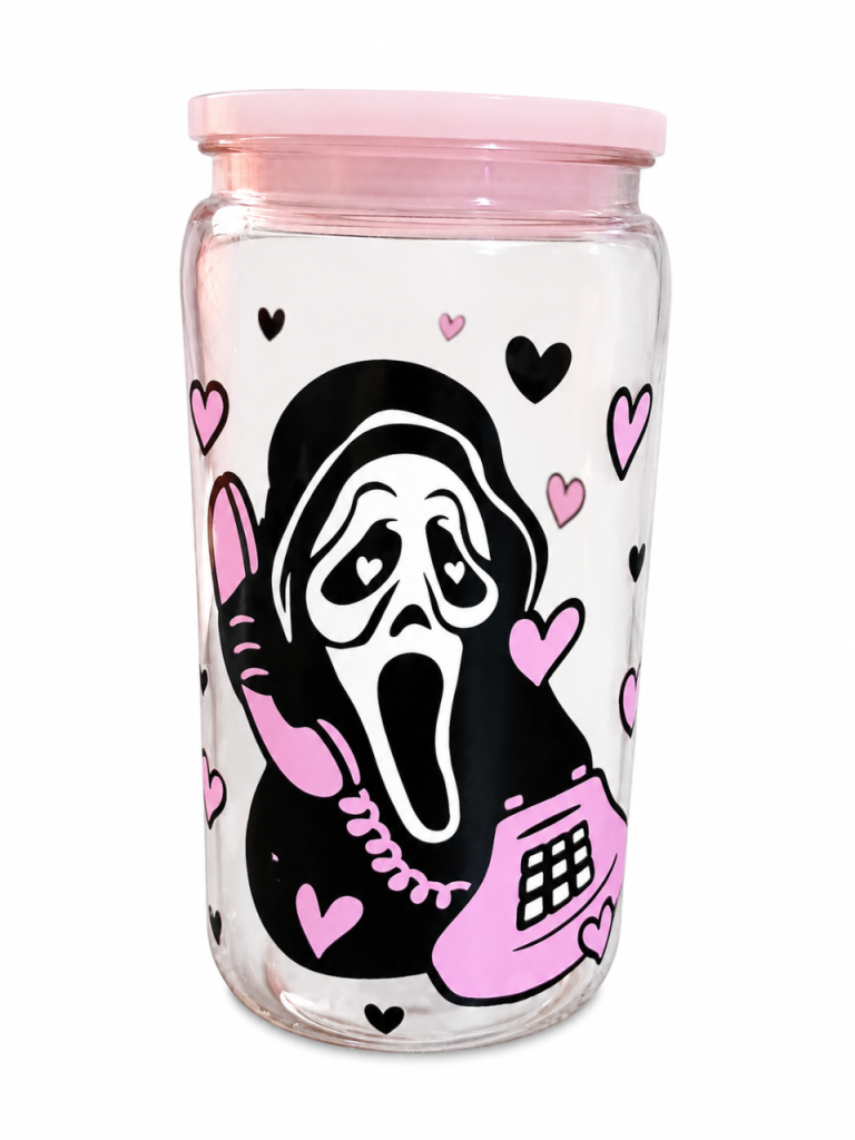 Fun Scream Ghostface Tumbler Glass with Pink Lid