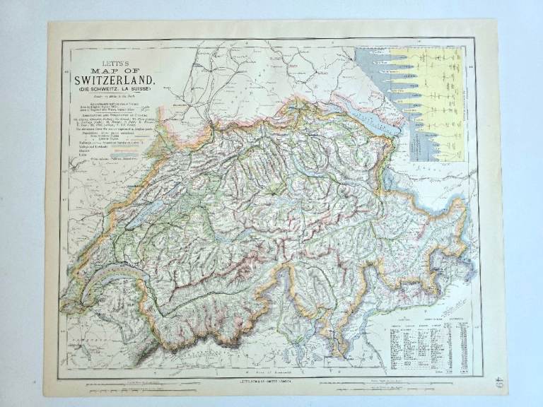 Antique 1880s Victorian Map Switzerland Large Atlas Map Lett's Beautiful Details- 47x34cm
