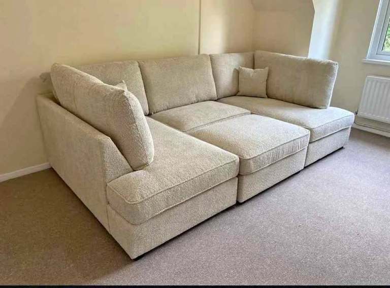 Mini U Shape Sofa with Footstool | Sofa Bed | Cream Bouclé Fabric | Fast UK Delivery