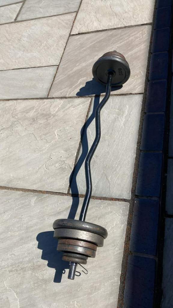 Solid Curl Bar & 30kg Cast Iron Weights 