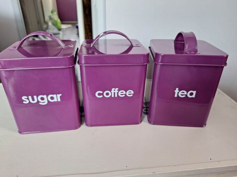 Set of 3 Purple Metal Storage Canisters – Sugar, Coffee, Tea
