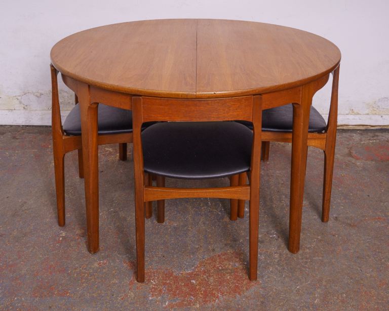 image for Nathan mid-century teak round extending dining table with 4 tuck under chairs 