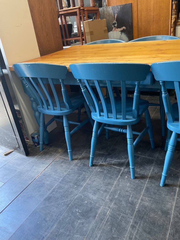 Vintage Rustic Dining Kitchen Farmhouse Pine Table & 6 Chairs Cash On Collection