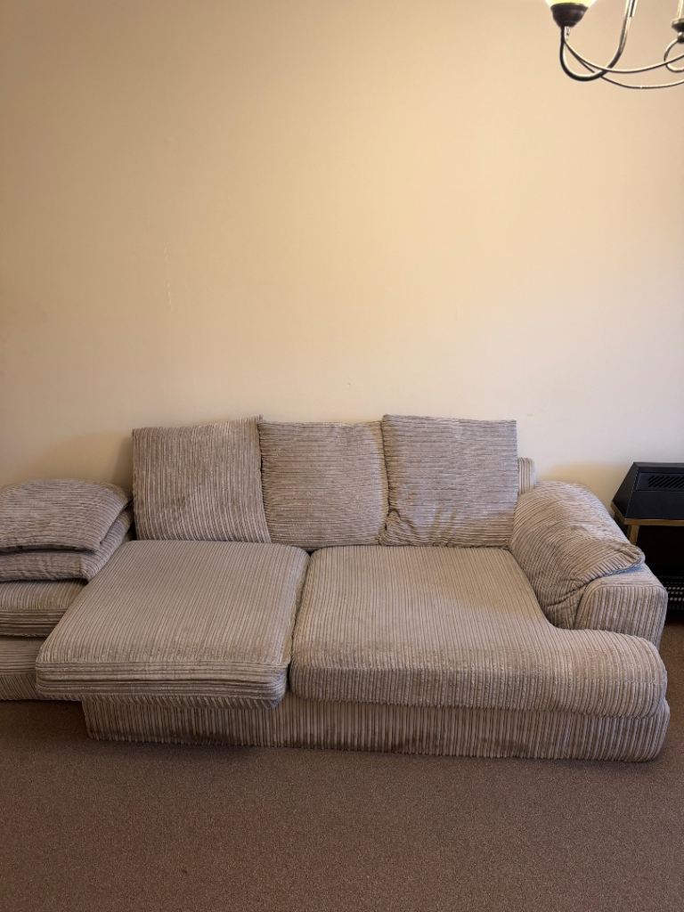 Grey Corduroy Sofa and Swivel cuddle Chair with Footstool – Good Condition