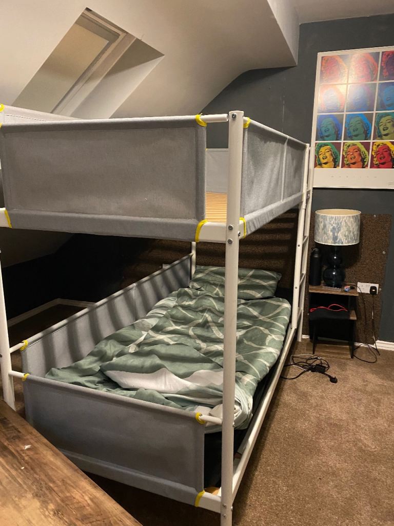 IKEA white metal bunk bed with mattresses