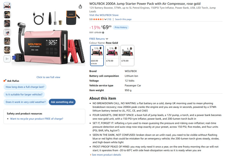 Brand New Sealed WOLFBOX 2000A Jump Starter & Air Compressor in Rose Gold - 40% Off!