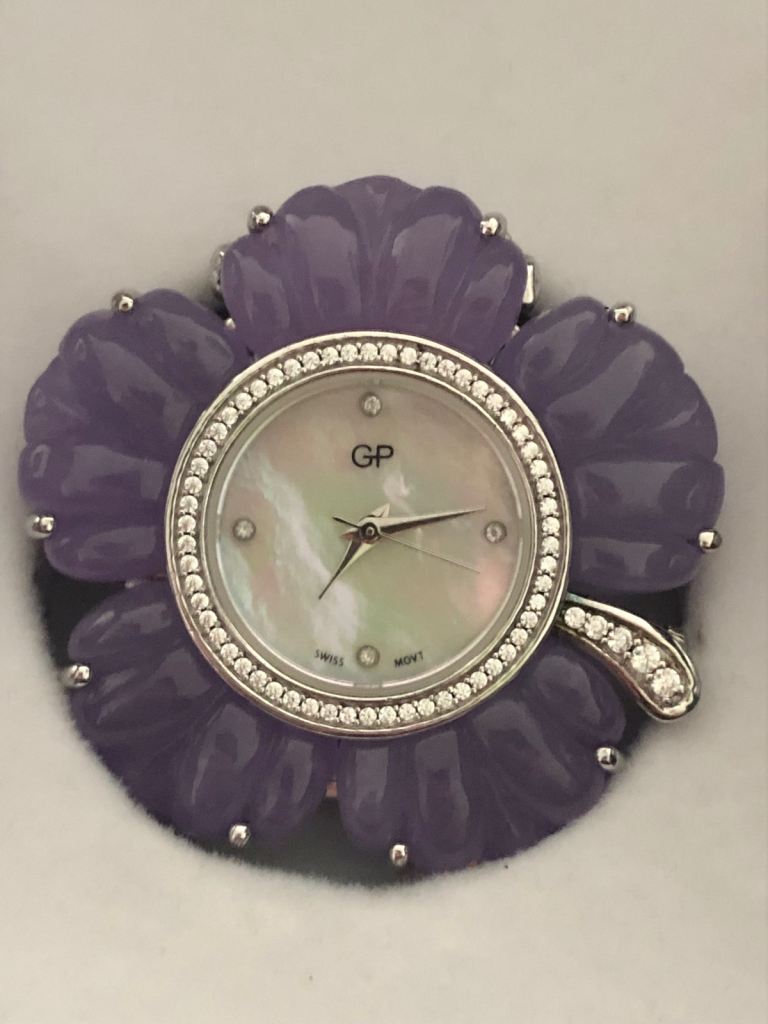 Womans Ladies Watch Set Giuseppe Perez Woman Flower Carved Purple Jade Simulated Diamonds 2 Straps 
