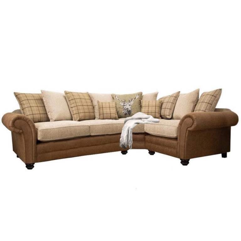 Cosy Brown Corner Sofa with Plaid Cushions – Good Condition