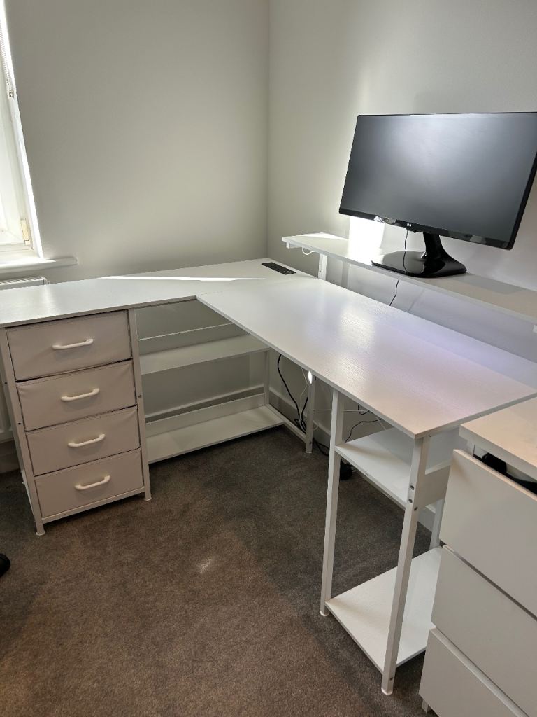 L Shaped Corner Desk with Drawers, Power Outlet & LED Lights