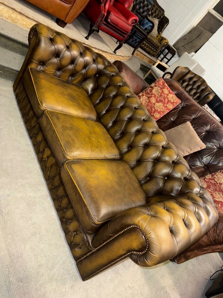 image for Saxon chesterfield tan real leather three seater sofa