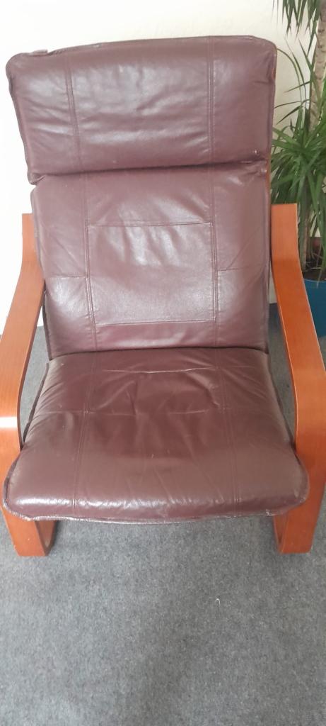 Poang style armchair and footstool, real leather in a rich burgundy colour, ex John Lewis, vintage