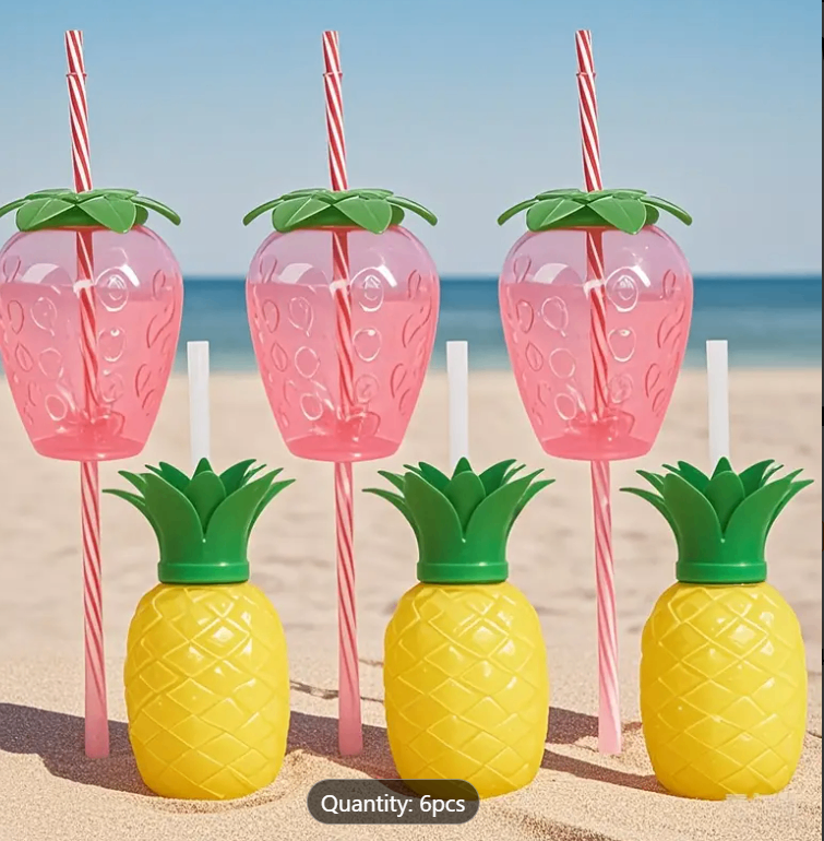 6 tropical water bottles with straws (New)