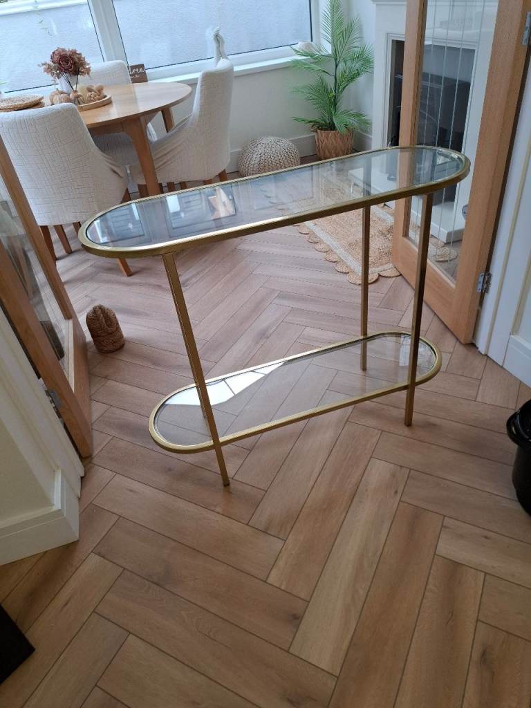 Stylish Gold Console Table with Glass Shelves – Good Condition