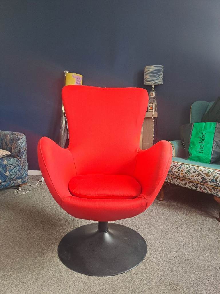 Vibrant Red Swivel Egg Chair - Good Condition Fabric
