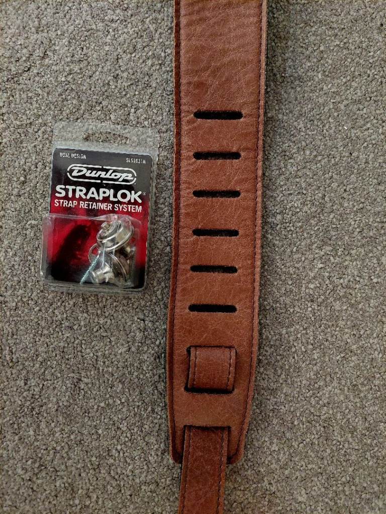 Brown Leather Guitar Strap & Dunlop StrapLok Strap Retainer System