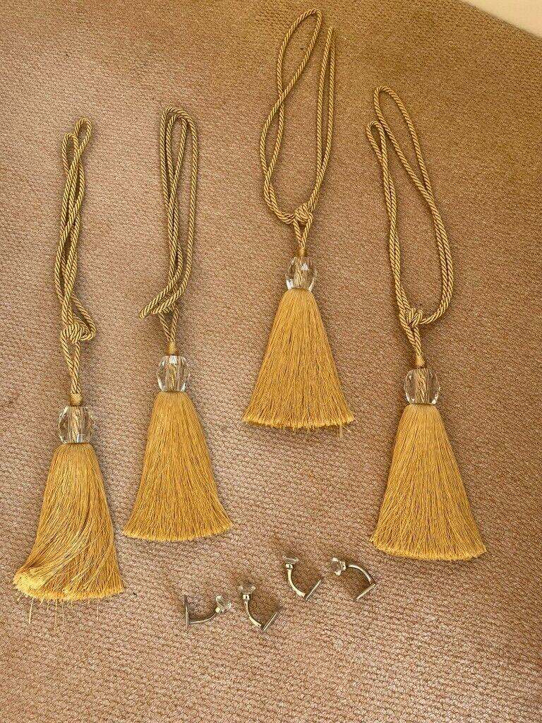 PAIR of luxury gold and crystal tassel tiebacks with PAIR crystal hooks - amazing!