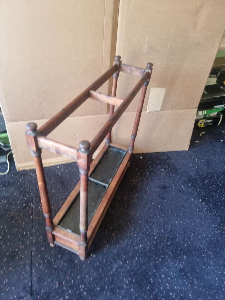 Vintage / Antique Oak Walking Stick Stand Umbrella Stand with Metal Tray 
