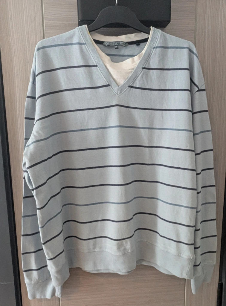 Next Mens Jumper XXL Blue Striped Mock Layer V-Neck 100% Cotton Vintage Style 00012