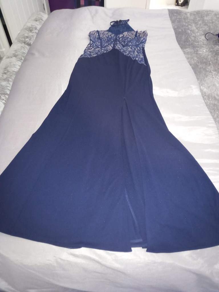 Stunning Blue Evening Dress with Lace Detail – Size 10