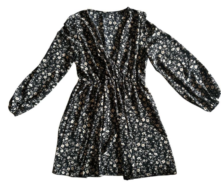 Ditsy Floral Print Flare Long Sleeve Dress Plunging Neck Line Size Large 12-14