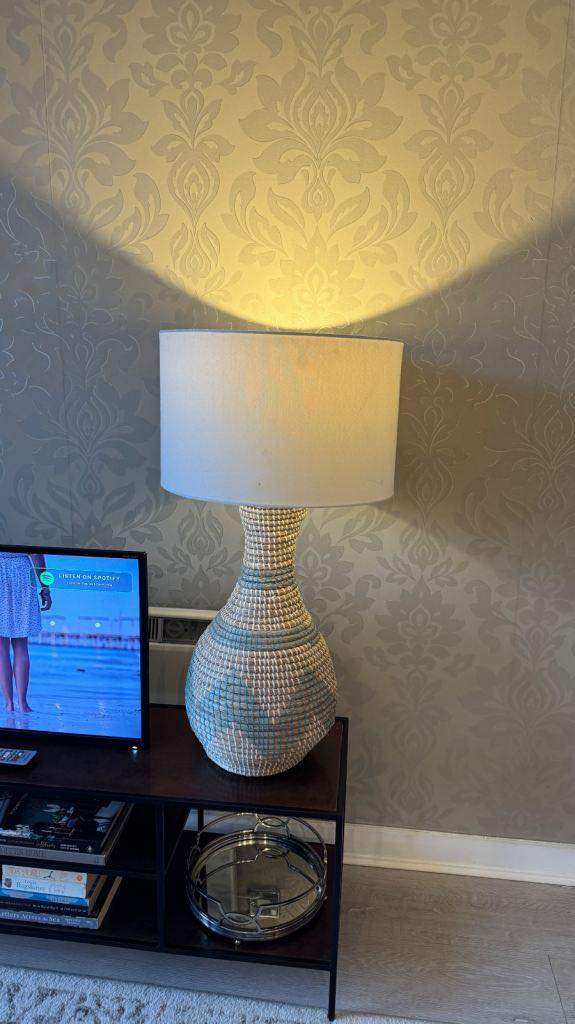 Large Boho Style Lounge Lamp White and Rattan
