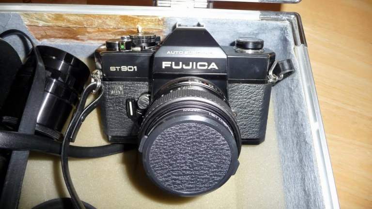 Fujica ST901 Auto Electro, brass bodied film camera with lenses / accessories
