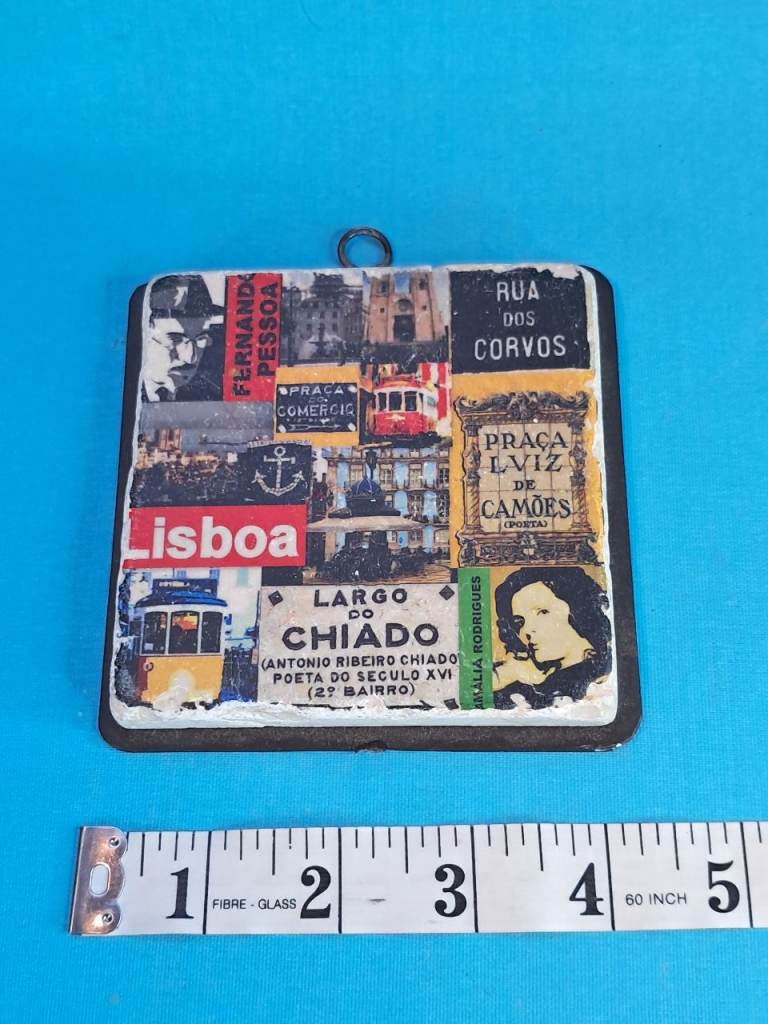4inch decorative plaque featuring a collage of images and text related to Lisbon,Portugal.(Heavy)