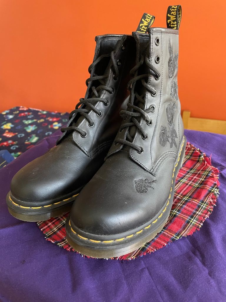Dr. Martens Black Leather 8-Eye Boots with Rose Embroidery - Good Condition