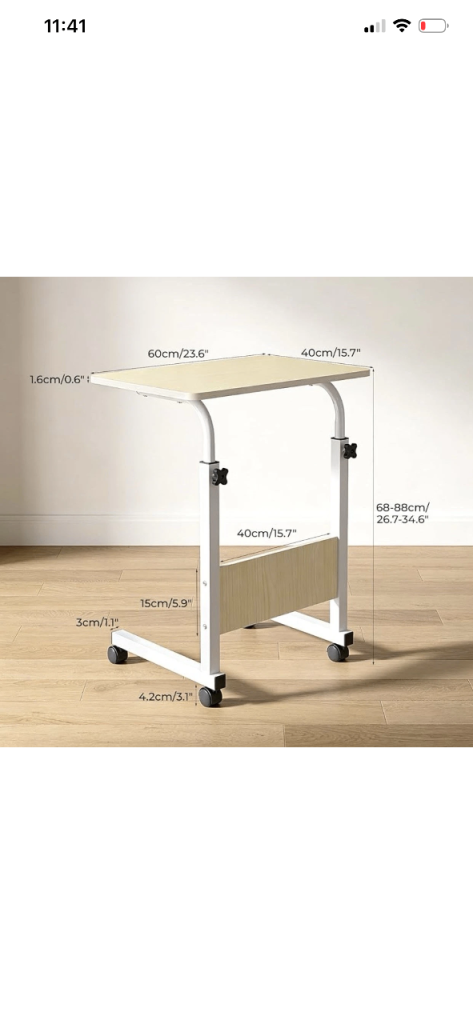 Height Adjustable Overbed Table with Metal Frame & Rolling Castors - Birch Wood