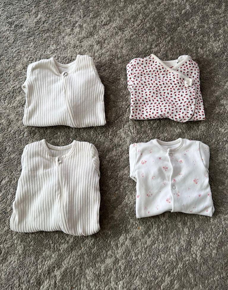 Baby Sleepsuits/Rompers – White & Patterned, Good Condition