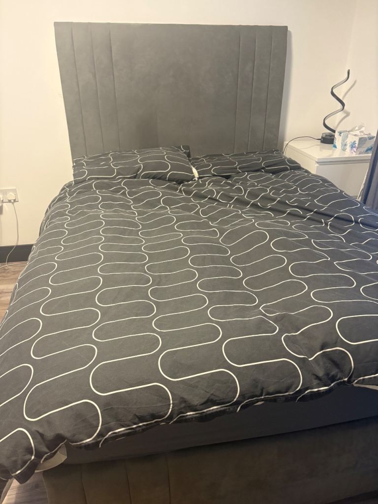 Grey plush velvet double bed frame and mattress 