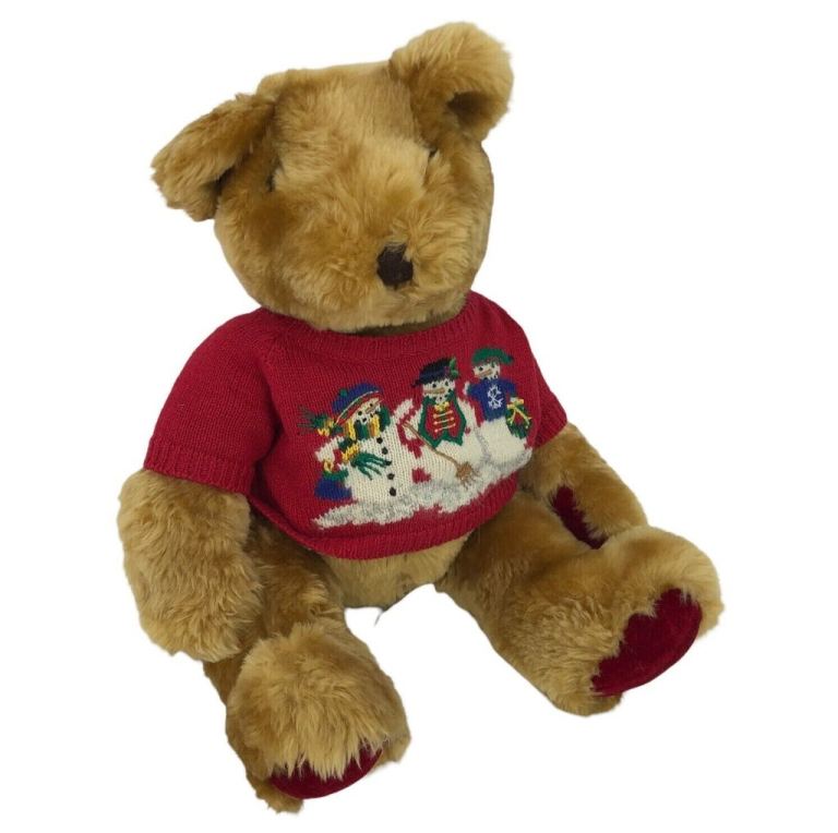 Retro Christmas Marisa Christina Teddy Bear Plush in Snowman Sweater 1998