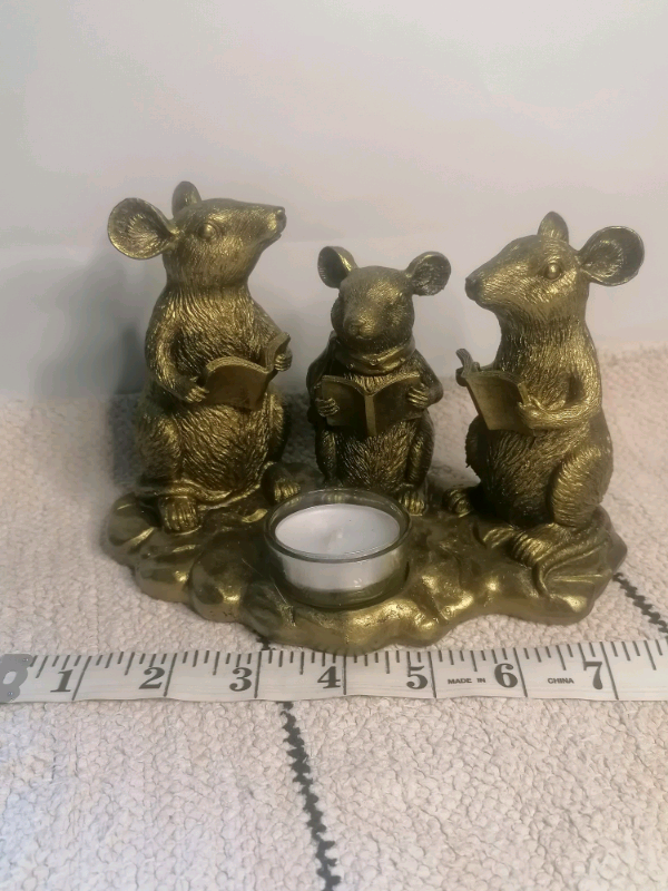 Funny, Standing Trio Of Mice Tealight Holder Gold Finish Carol Singers