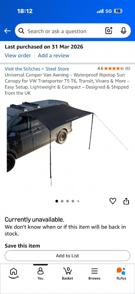 Stitches + Steel Camper Van Awning - Black, Waterproof Ripstop Sun Canopy