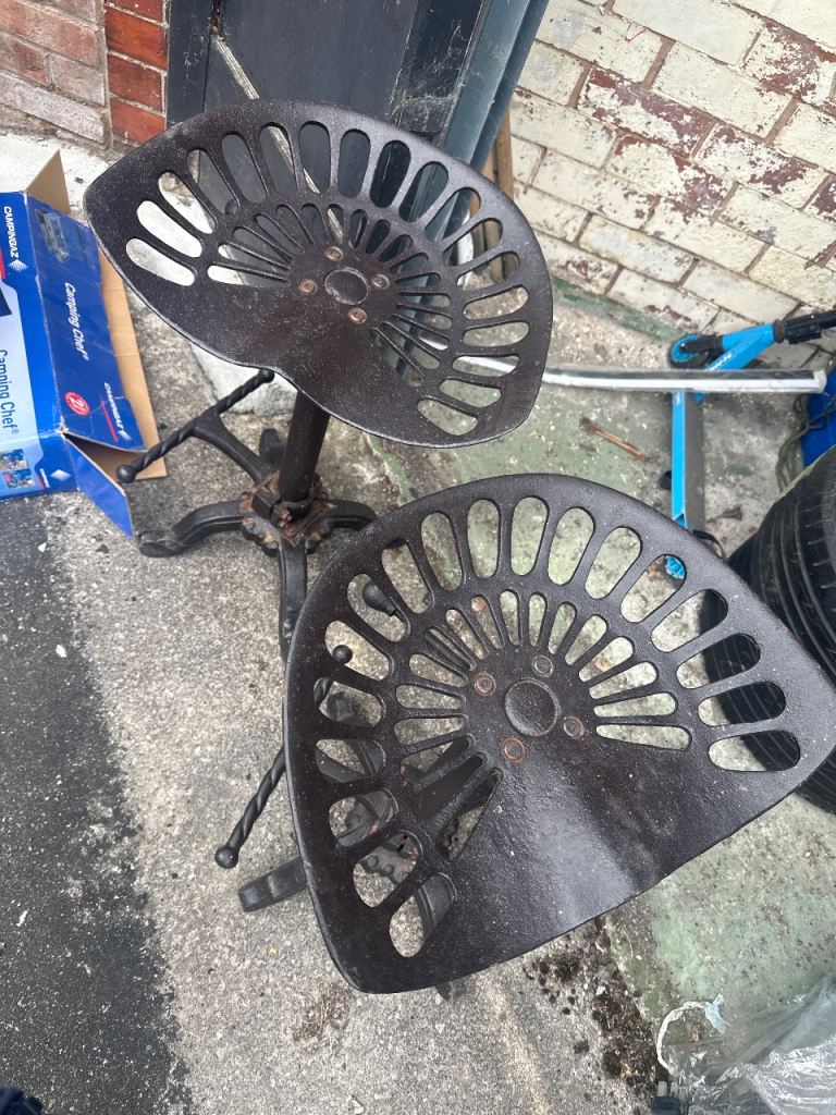 2 x Rustic Cast Iron Tractor Seat Stool