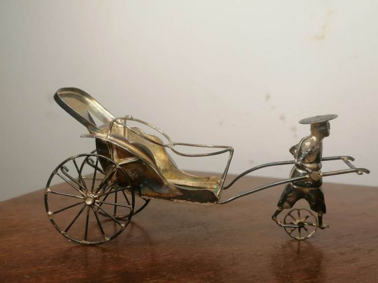 Vintage Antique Chinese  Sterling White Metal Rickshaw Figurine. Made in Hong Kong. 