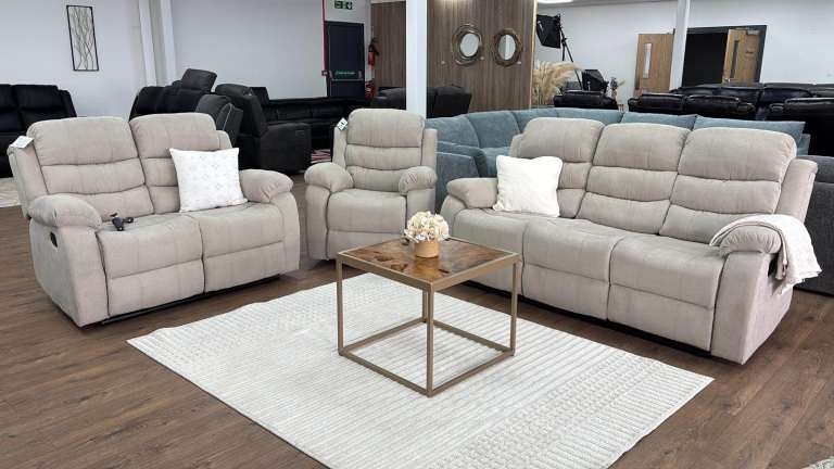 New Beige Fabric Recliner Sofa Set - 3 Seater, 2 Seater, and Armchair