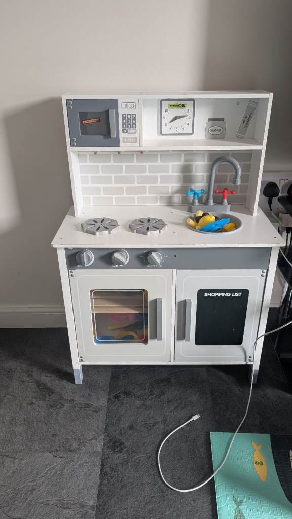 Kids Wooden Play Kitchen – White & Grey, Good Condition
